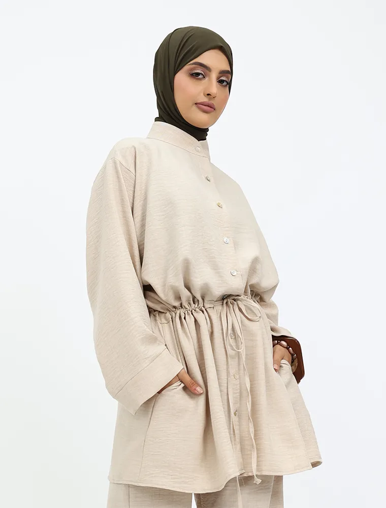 Beige Linen Feel Drawstring Co Ord Set